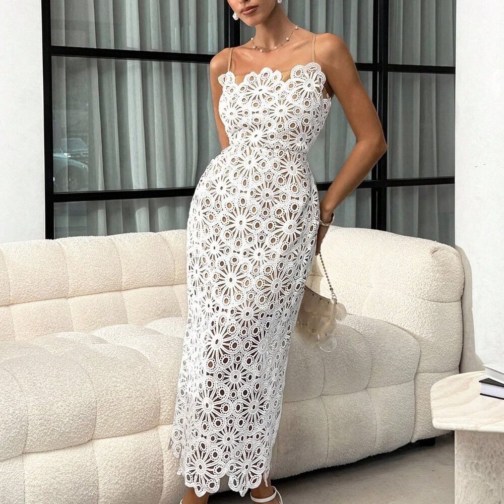 White Elegant Women's Asymmetrical Lace Cutout Camisole Watercolor Midi Dress - Picture 4 of 6